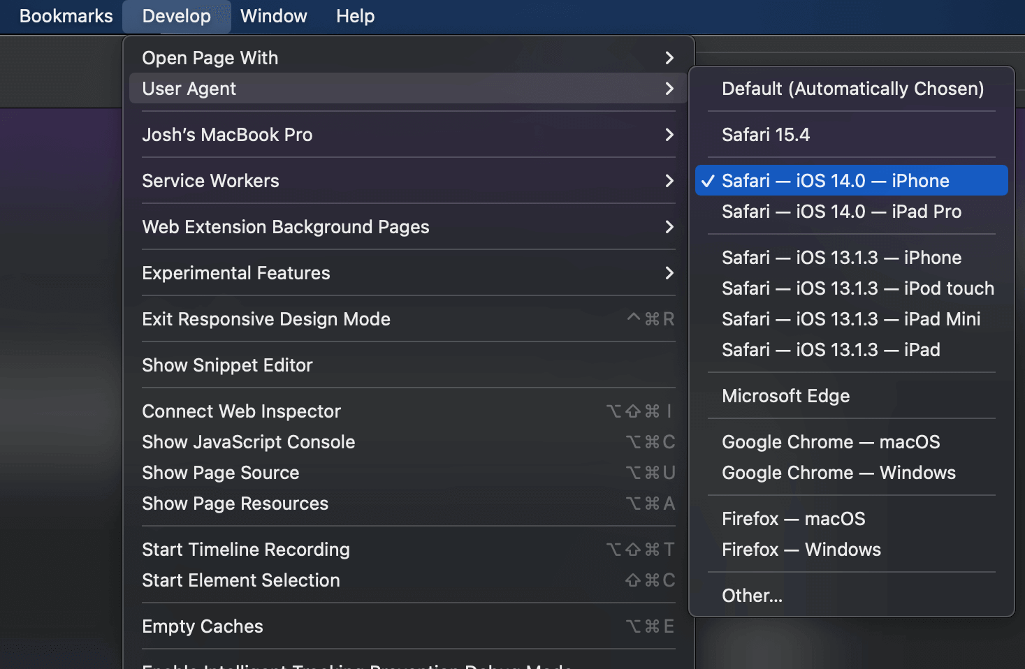 Choose the user agent from the Develop menu